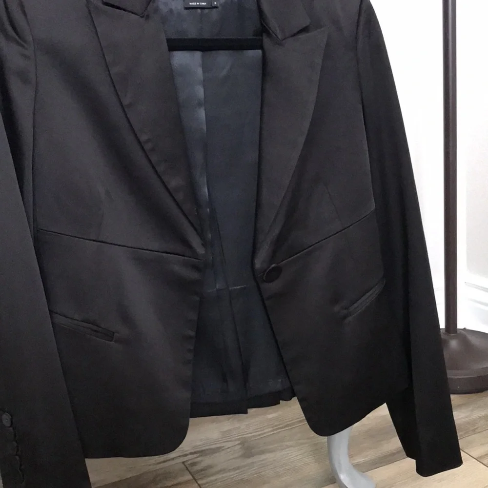 BCBG Satin Blazer Feminine Tuxedo with a Twist Black